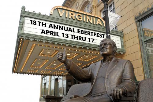 Roger Ebert statue in front of the Virginia Theatre